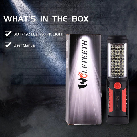 Magnetic Mechanic Flashlight With Hook Foldable Underhood Light for Car Emergency Kit and Camping next to packaging box.