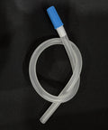 Leg bag extension tubing, 18-inch medical-grade silicone, blue connector cap, close-up.