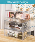 Stay Flawlessly Organized With These Hella Spacious Clear Stackable Storage Drawers 2 Pack Large Plastic Bins For Pantry Closet Heavy Duty Boxes For Daily Essentials with toiletries and beauty products.