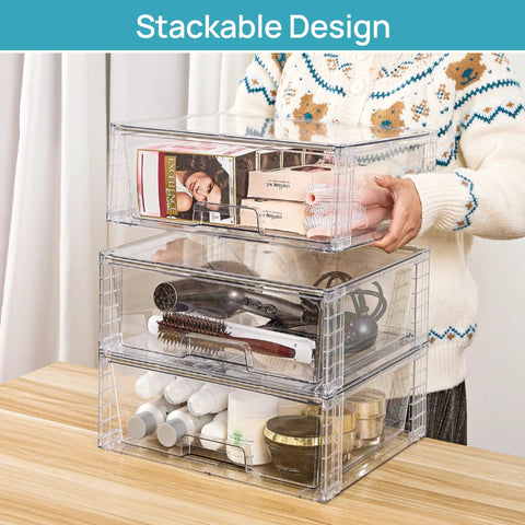 Stay Flawlessly Organized With These Hella Spacious Clear Stackable Storage Drawers 2 Pack Large Plastic Bins For Pantry Closet Heavy Duty Boxes For Daily Essentials with toiletries and beauty products.