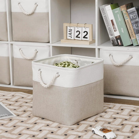 11x11 Inch Cube Storage Bins Set Of 6 Collapsible Fabric Storage Cubes With Rope Handles, Foldable Organizer Bins For Home Office Closet Clothes Toys In White And Beige, Sturdy Frame And Easy To Store