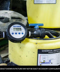 1 Inch Digital Chemical Transfer Meter with Nutating Disc Technology mounted on a yellow chemical drum