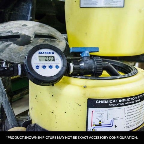 1 Inch Digital Chemical Transfer Meter with Nutating Disc Technology mounted on a yellow chemical drum