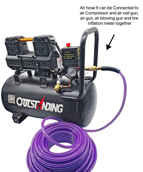 Rock Solid 1/4 Inch By 50 Foot Reinforced PU Air Hose With Swivel Quick Coupler And Male Plug Bend Restrictor Heavy Duty Pneumatic Tubing Built Tough Shop Ready Purple Finish connected to an air compressor.