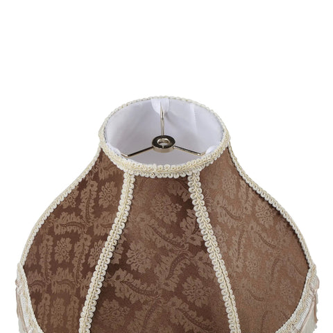 Top view of Handsewn Scallop Dome Lamp Shade With Fringe In Dope Brown Jacquard Textured Fabric, Spider Construction Visible