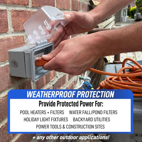Person installing Weatherproof 1 Gang Exterior In Use Outlet Cover And Box Kit With Lockable Extra Duty Metallic Box.