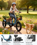 Adult Electric Trike With 20 Inch Fat Tires, 7 Speed Folding Tricycle, 500W Rear Hub Motor, Smooth Power And Stable Handling For Everyday Errands, Comfy Ride, Easy Fold Design For Convenient Storage. Rider with cargo baskets on a park path.