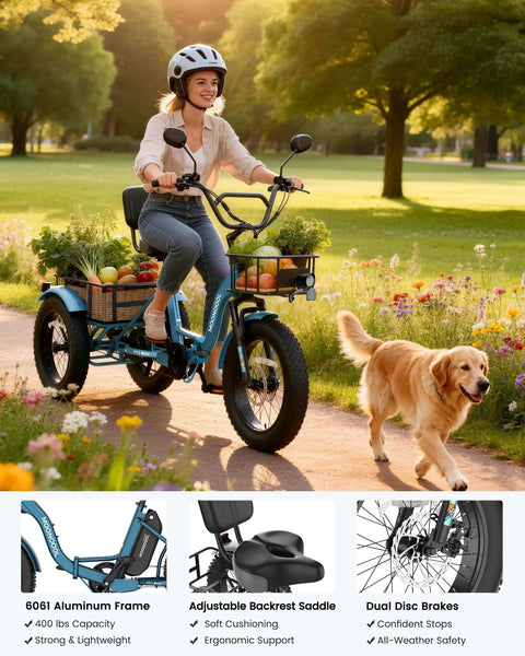 Adult Electric Trike With 20 Inch Fat Tires, 7 Speed Folding Tricycle, 500W Rear Hub Motor, Smooth Power And Stable Handling For Everyday Errands, Comfy Ride, Easy Fold Design For Convenient Storage. Rider with cargo baskets on a park path.
