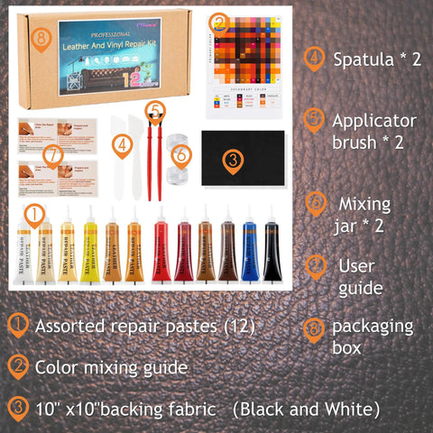 Leather And Vinyl Repair Kit 21 Piece With Fast Application And Mixable Colors For All Leather Types Fix Tears Holes Scratches And Peeling On Furniture Car Seats And Jackets Great For Repair Projects showing assorted repair pastes, tools, and guide.