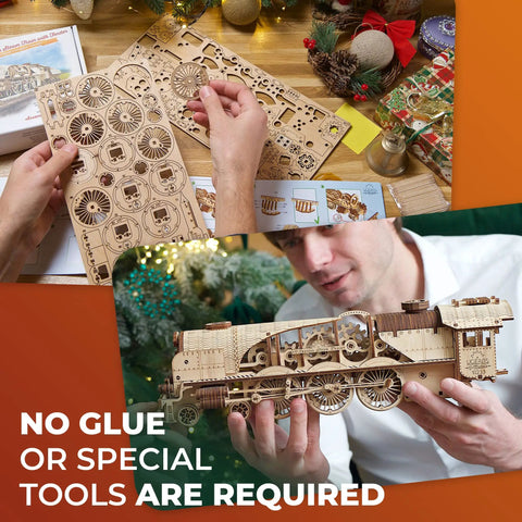 3D Wooden Steam Train Puzzle Kit for Adults, V Express Model Train with Tender, 538 Pieces, Realistic Victorian Steam Engine Build, Brain Teaser Hobby Set for Home Decor and Collectors, no glue needed