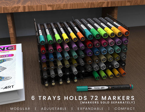 72 Slot Art Marker Storage Tray Desk Organizer with Adjustable Dividers, holding 72 markers, modular and expandable design.