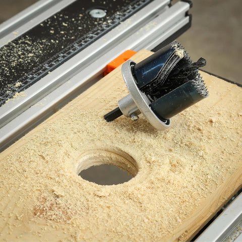 Seven In One Hole Saw Kit With One And Three Quarters Inch Depth Includes Seven Diameters From One Inch To Two And A Half Inches Built In Blade Selector And Slug Ejector Tempered Steel Blades For Wood Plywood And Plastic Projects cutting wood