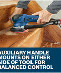 Heavy Duty Electric Orbital Sander Featuring A Kick Butt Turbo Mode For Brutal Wood Stock Removal And Smooth As Silk Finishing - 7.5 Amp Corded Power Tool Makes Hardwood Flooring Jobs A Total Breeze close-up on auxiliary handle for balanced control.