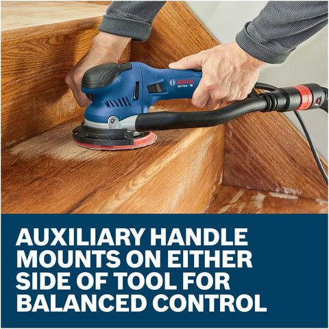 Heavy Duty Electric Orbital Sander Featuring A Kick Butt Turbo Mode For Brutal Wood Stock Removal And Smooth As Silk Finishing - 7.5 Amp Corded Power Tool Makes Hardwood Flooring Jobs A Total Breeze close-up on auxiliary handle for balanced control.