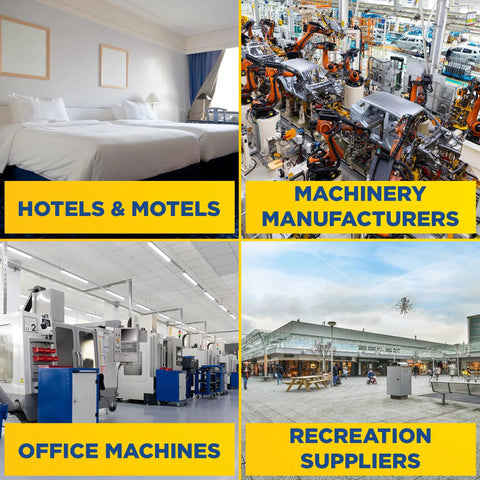Collage showing hotels, machinery, office machines, and a recreation area on a yellow grid background.