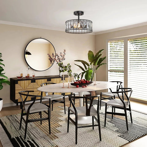Dining room with Semi Flush Mount Ceiling Light With Clear Glass Drum Shade, Rustic Farmhouse Fixture With Faux Wood Finish Ring