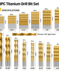 99-piece titanium twist drill bit set with 135° tip, gold HSS bits in storage case