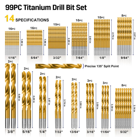 99-piece titanium twist drill bit set with 135° tip, gold HSS bits in storage case