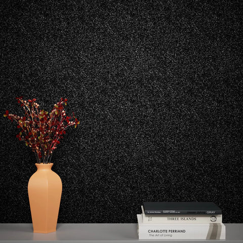 Black Peel And Stick Glitter Wallpaper With Real Ultra Fine Glitter For Cabinets And Dressers behind a vase and books