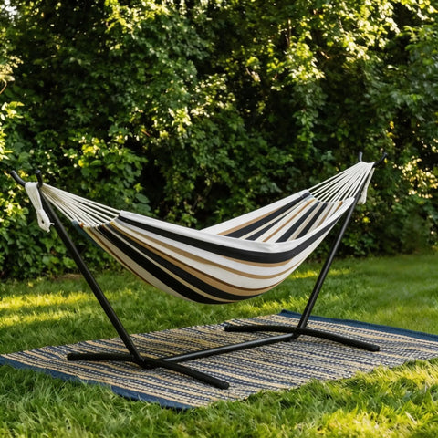 Two Person Brazilian Style Hammock With Steel Stand For Indoor And Outdoor Use, 450 Pound Capacity, Portable Carry Bag, Easy Assembly, Coffee Color 