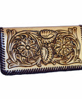 Leather wallet with detailed floral carving, showcasing Sheridan style patterning with flowers and leaves.