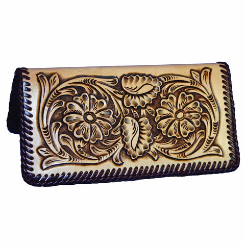 Leather wallet with detailed floral carving, showcasing Sheridan style patterning with flowers and leaves.