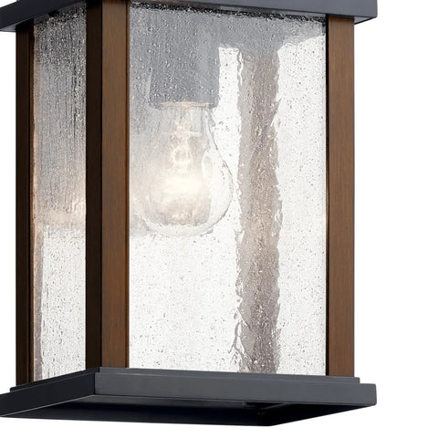 Outdoor Wall Light Sconce With Black Finish And Clear Ribbed Glass, 1 Light Exterior Fixture, close-up of glass and frame
