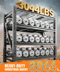 Heavy Duty Garage Shelving Units With 3044 Pound Capacity, black steel shelving unit holding industrial motors.