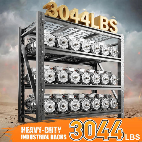 Heavy Duty Garage Shelving Units With 3044 Pound Capacity, black steel shelving unit holding industrial motors.