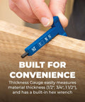 Blue Kreg Easy-Set pocket hole drill bit with stop collar and gauge; built-in hex wrench