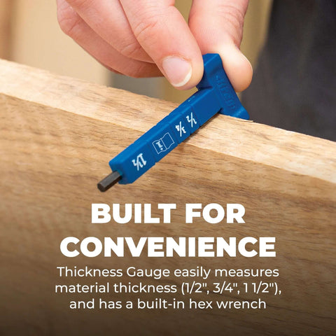 Blue Kreg Easy-Set pocket hole drill bit with stop collar and gauge; built-in hex wrench