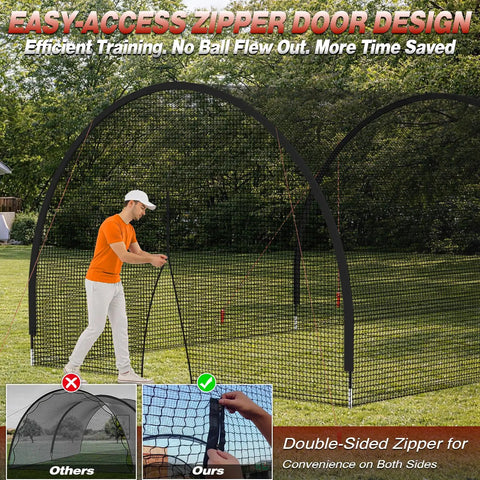 Person using Backyard Batting Cage 22x10x10 Ft Portable Baseball And Softball Cage with Zipper Door and sturdy steel frame.