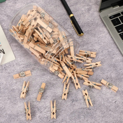 100 Piece Natural Wood Push Pin Clip Set Includes Clear Tube To Tidy Up Papers And Memos No Fuss Thumb Tacks for desk organization