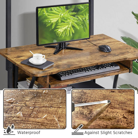Close-up of 3 Tier Rolling Computer Desk with keyboard tray, showing rustic brown finish, waterproof and scratch-resistant surface.