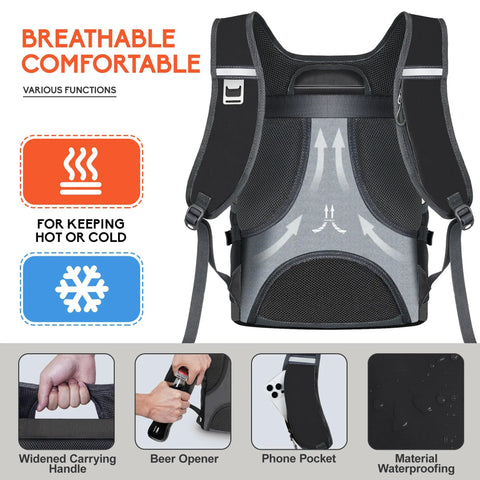 Beast Mode Backpack Cooler Keeps Drinks Ice Cold For Twenty Hours With Hella Leakproof Seals For Hiking Summer Travel Beach Outings Or Weekend Getaways In Durable Black, featuring breathable mesh material and various functional pockets.