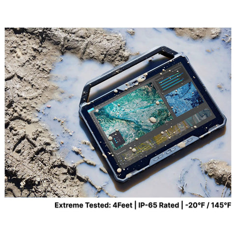 Built Like A Tank 10.1 Inch Rugged Tablet With Intel Core I7 And VPro Tech featuring a display in muddy terrain outdoors.