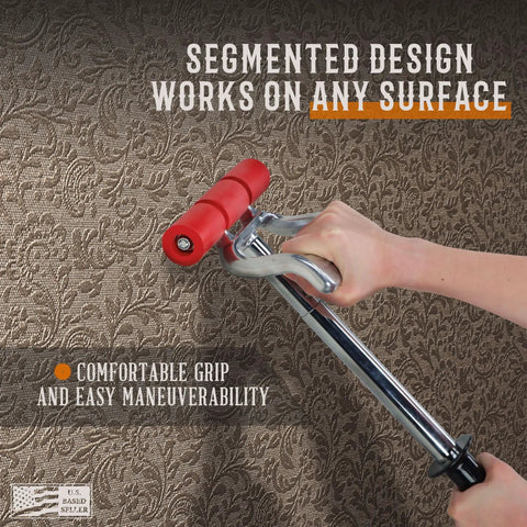 Hand using Heavy Duty Seam Press Roller Extendable From 17 To 27 Inches For Laminate Vinyl Carpet Tile And Linoleum Floors Quick Easy Floor And Wall Covering Install No Brainer on textured surface