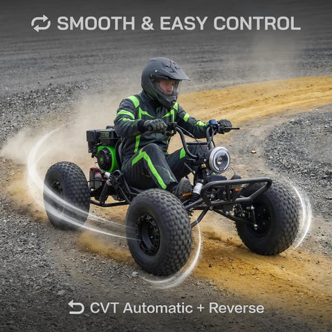 Person driving 212cc 4 Stroke Off Road Go Kart With CVT Automatic Transmission Hydraulic Disc Brakes on gravel