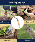 Compact 8-Inch Hand Saw For Root Cutting With Sharp 2.75-Inch Serrated Stainless Blade And 30-Degree Cut Angle being used for gardening tasks.