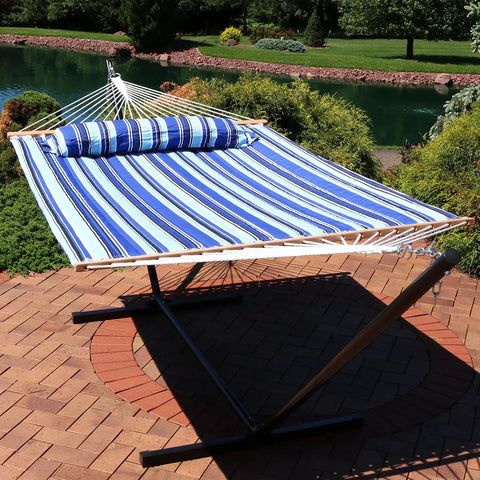 Quilted Double Outdoor Hammock With Spreader Bars 74x55 Inch Bed 450 Lb Capacity Quick Dry UV Resistant Chains Included Pillow Cozy