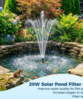 No Fuss 20W Solar Pond Filter Kit with Fountain Pump in lush garden koi pond setting