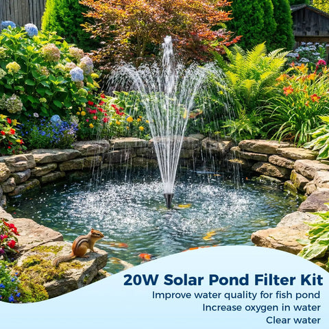 No Fuss 20W Solar Pond Filter Kit with Fountain Pump in lush garden koi pond setting