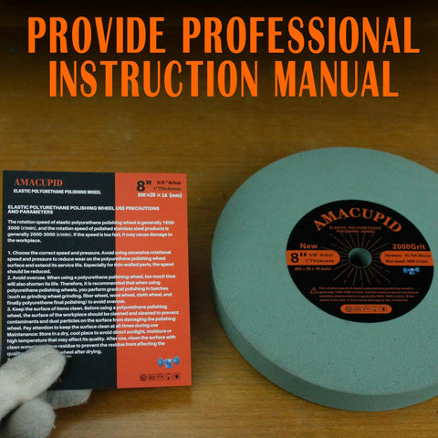 Hella Durable 8 Inch Polyurethane Buffing Wheels 2000 Grit Silicon Carbide Abrasive with instruction manual for polishing metals.