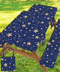 Waterproof Picnic Table Cover With Bench Covers For 72 Inch Tables And 72 Inch Benches, Campsite Tablecloth Set on wooden table and benches with star pattern.