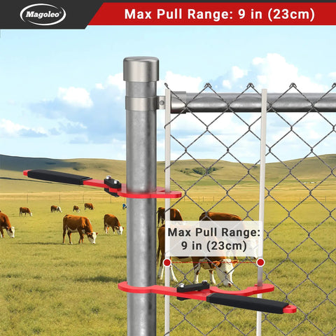 Heavy Duty Fence Stretcher Tool For Chain Link Fabric Upgraded One Person Operation Fence Puller With Nine Inch Pull Range Fits 2 3 Eighths Inch OD Posts 1 Pack Easy Hang Align And Light Tension, shown attached to a fence with a 9-inch pull range.