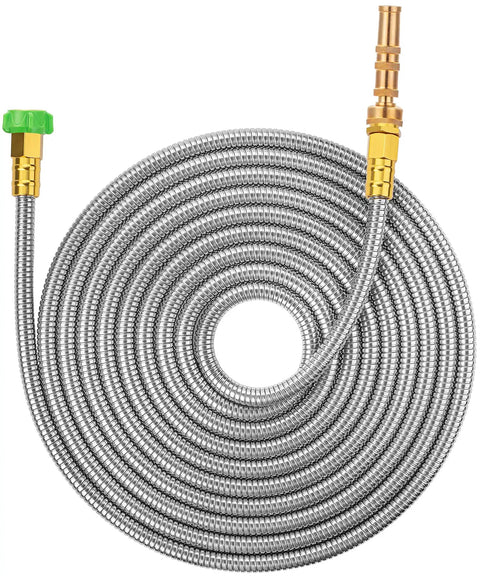 Coiled Stainless Steel Garden Hose With 4 Function Brass Nozzle 25 Ft No Kink Metal Hose For Heavy Duty Watering And Cleanup