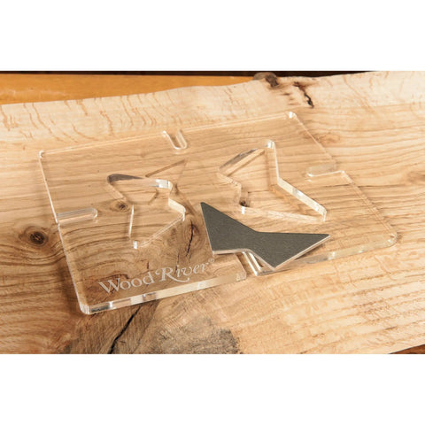 Straight Up Butterfly Router Inlay Template Machined From Thick Clear Acrylic on wooden surface with cutting guide details.