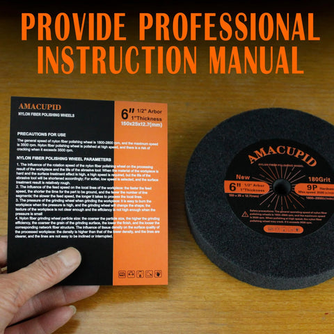 AmaCupid nylon fiber deburring wheel and 6-inch buffing wheel with 1/2 in arbor, 180 grit, shown with instruction manual.