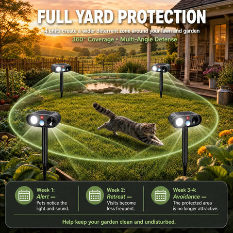 Solar Ultrasonic Animal Repeller With Motion Sensor Light Outdoor Deterrent To Keep Deer Raccoons Squirrels Rabbits Skunks Out Of Your Garden Easy Install Weatherproof Durable Yard Guardian, 4-unit yard coverage