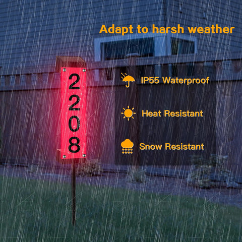 Solar Address Sign With Remote Control LED House Numbers For Outdoor Yard Waterproof multicolor plaque showing IP55 weather resistance.
